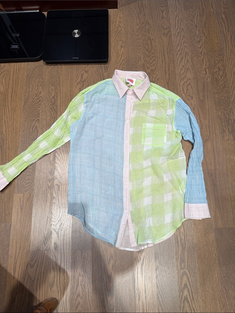 SOLID & STRIPED Pastel Blue, Pastel Green & Pale Pink Button-Up Swim Coverup